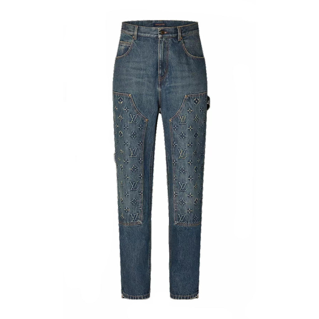 Louis Vuitton Men's Spring/autumn Fashion Casual Classic Logo Embossed Loose Straight Leg Workwear Denim Pants #78388