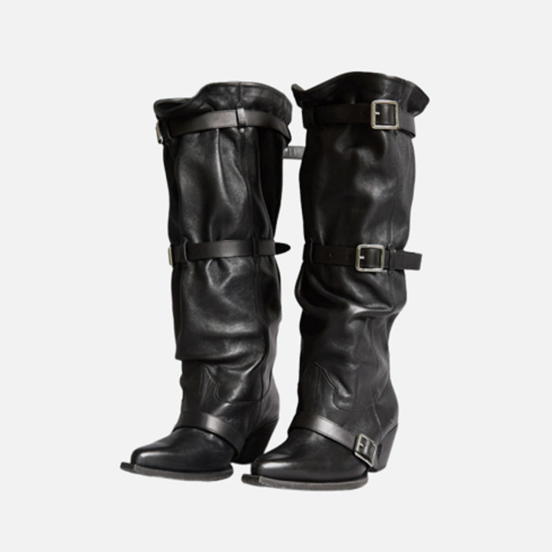 RRR-123 Women's Segment Buckle Strap Vintage Cowboy Stacked Boots Autumn And Winter Solid Color Leather Tall Boots Casual Shoes Heel High 5cm Ngvp #1837