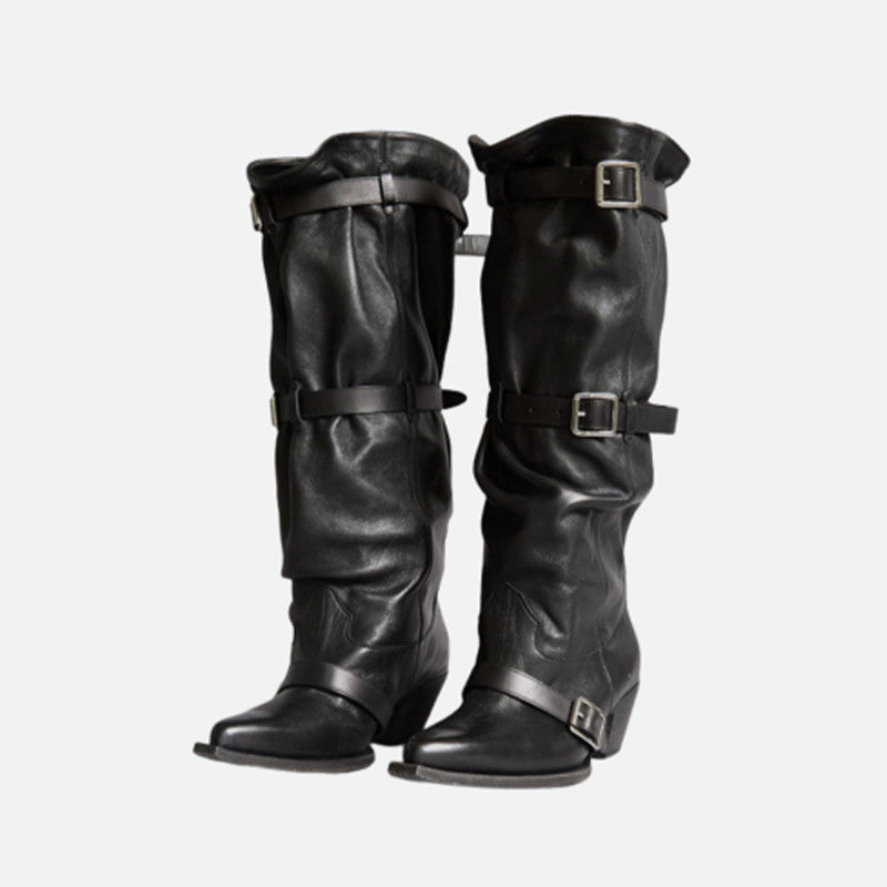 RRR-123 Women's Segment Buckle Strap Vintage Cowboy Stacked Boots Autumn And Winter Solid Color Leather Tall Boots Casual Shoes Heel High 5cm Ngvp #1837