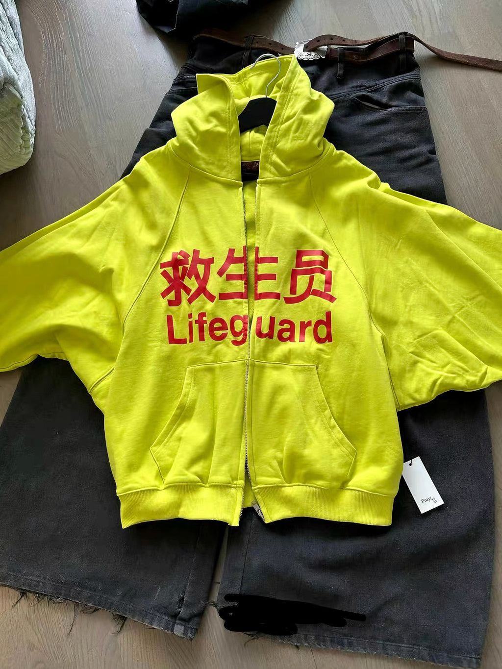 Praying Men's Fall And Winter Fluorescent Yellow Lifeguard Print Subculture Tide Zipper Hoodie Sweatshirt Ngvp #2621