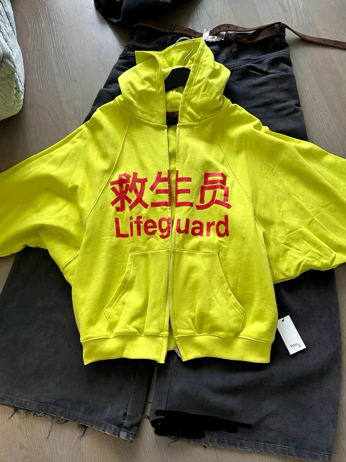 Praying Men's Fall And Winter Fluorescent Yellow Lifeguard Print Subculture Tide Zipper Hoodie Sweatshirt Ngvp #2621