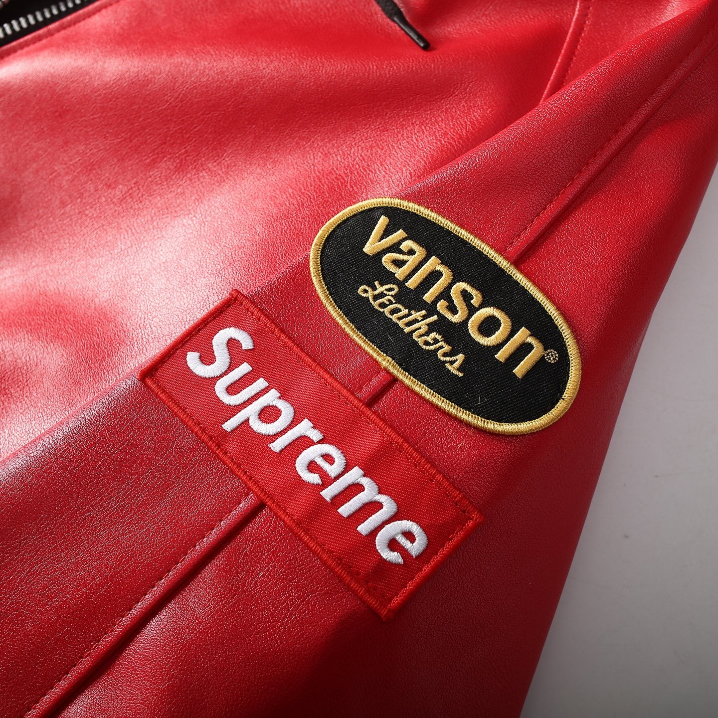 Supreme x Vanson Leathers Men's and Women's Spring and Fall Sleeve Logo Embroidered Patch Zipper Closure Hooded Leather Jacket #75186