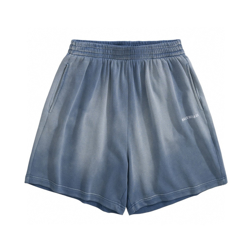 Balenciaga Men's Summer Blue Logo Embroidered Washed Vintage Stretch Waistband Shorts Pants #72117