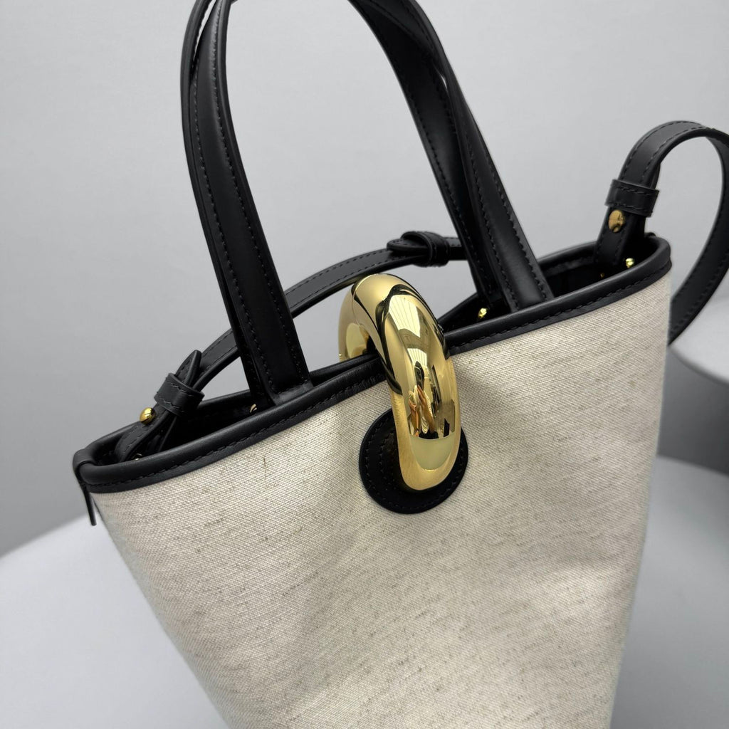 Jacquemus The small Bambola Women's Classic Fashionable Minimalist Detachable Shoulder Strap Metal Buckle Linen Leather Bucket Bag Tote Bag Handbag Bags #78241