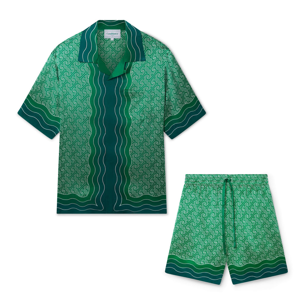 Casablanca Men's Summer Green Line Wave Print Lapel Single Breasted Short Sleeve Shirt Drawstring Tie Shorts Set Suit #73575