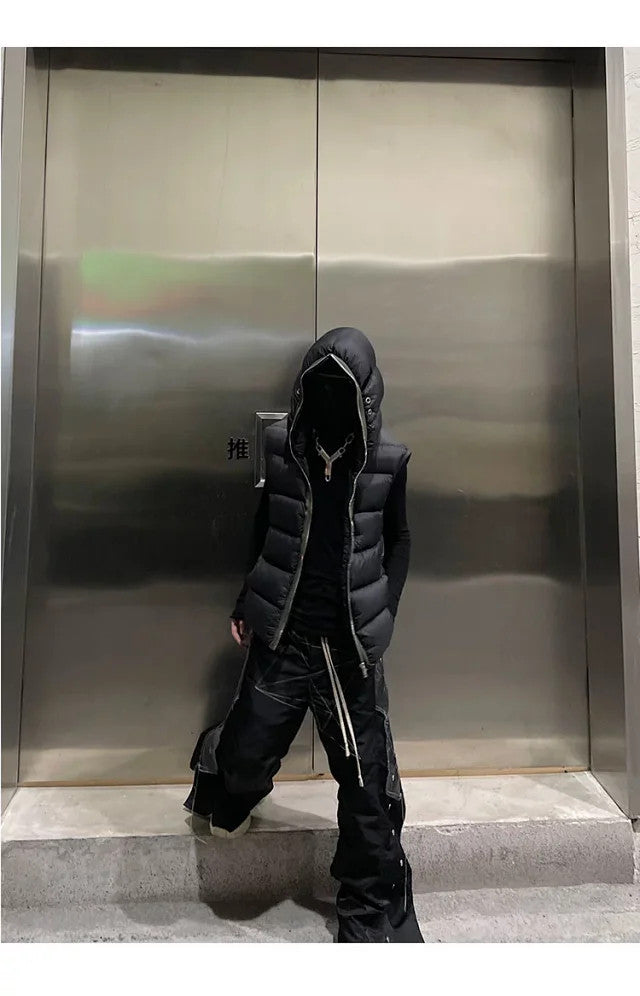 Rick Owens Men's Fall/Winter Dark Style Casual Solid-Color Full-Zip Hooded Quilted Down Vest Ngvp #2521