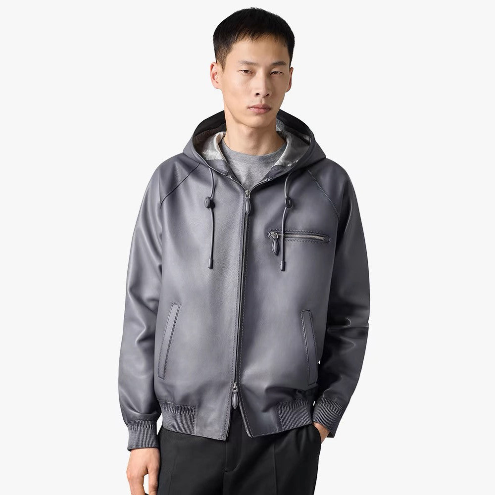 Berluti Men's Autumn And Winter Fashion Solid Color Sheepskin Zipper Long Sleeve Casual Alternative Hooded Leather Jacket Ngvp #9183