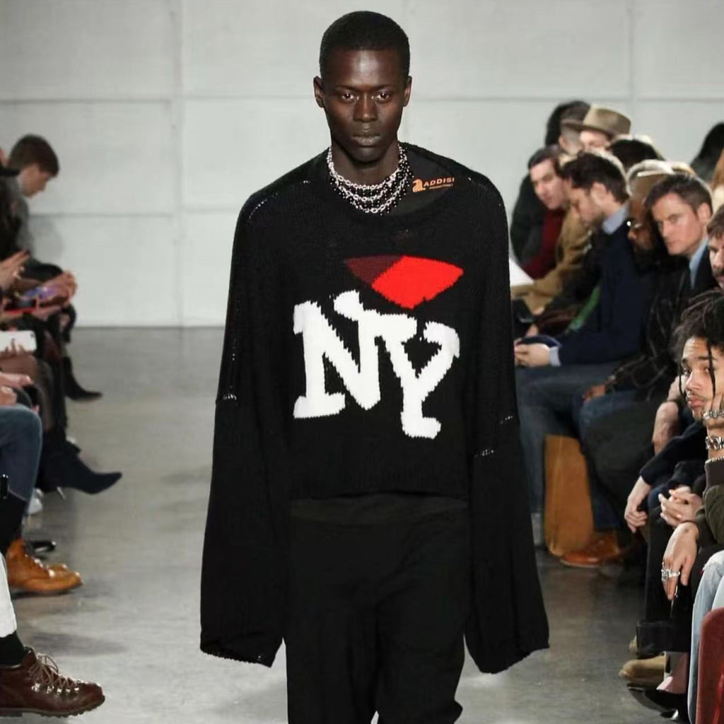 Raf Simons Men's Fall And Winter Black Ny Jacquard Round Neck Long Sleeve Knitted Sweater High Street Trend Casual Pullover Sweater Ngvp #2462