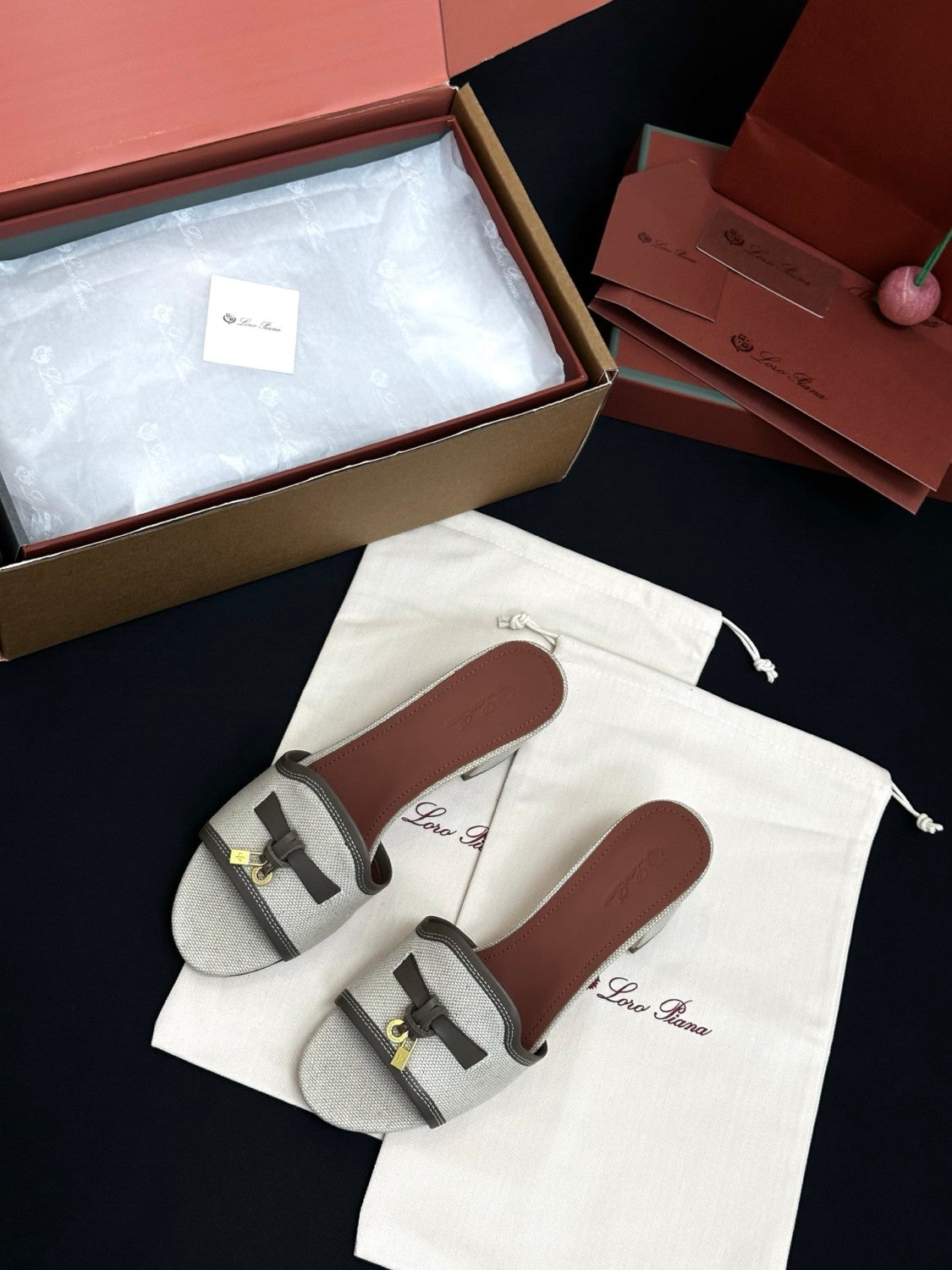 Loro Piana Linen Pendant High Heel Sandals Slippers #381477