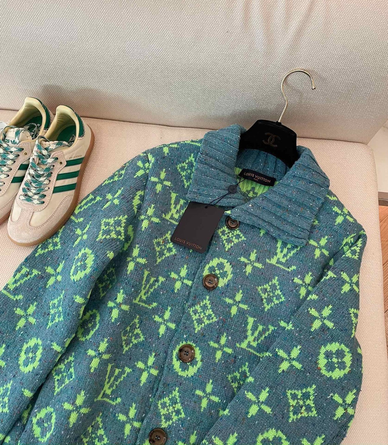 Louis Vuitton Men's Fall/Winter Green Monogrammed Pattern Knit Single Breasted Sweater Jacket #72785