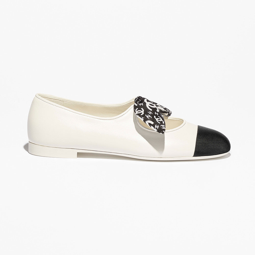 Chanel Mary Janes Lambskin Silk Grosgrain White Black #334248