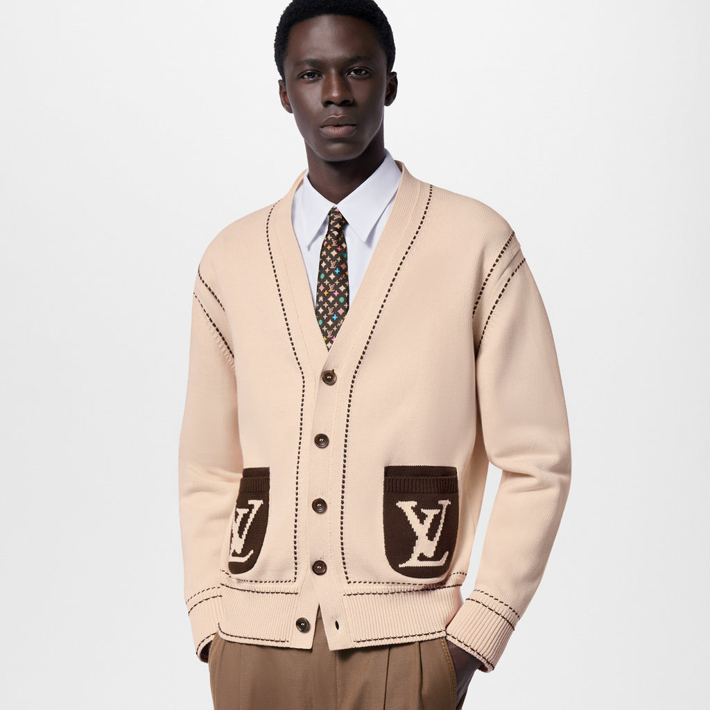 Louis Vuitton Men's Spring & Autumn Cream Logo Letter Applique Single Breasted V-Neck Long Sleeve Knit Shirt #72477