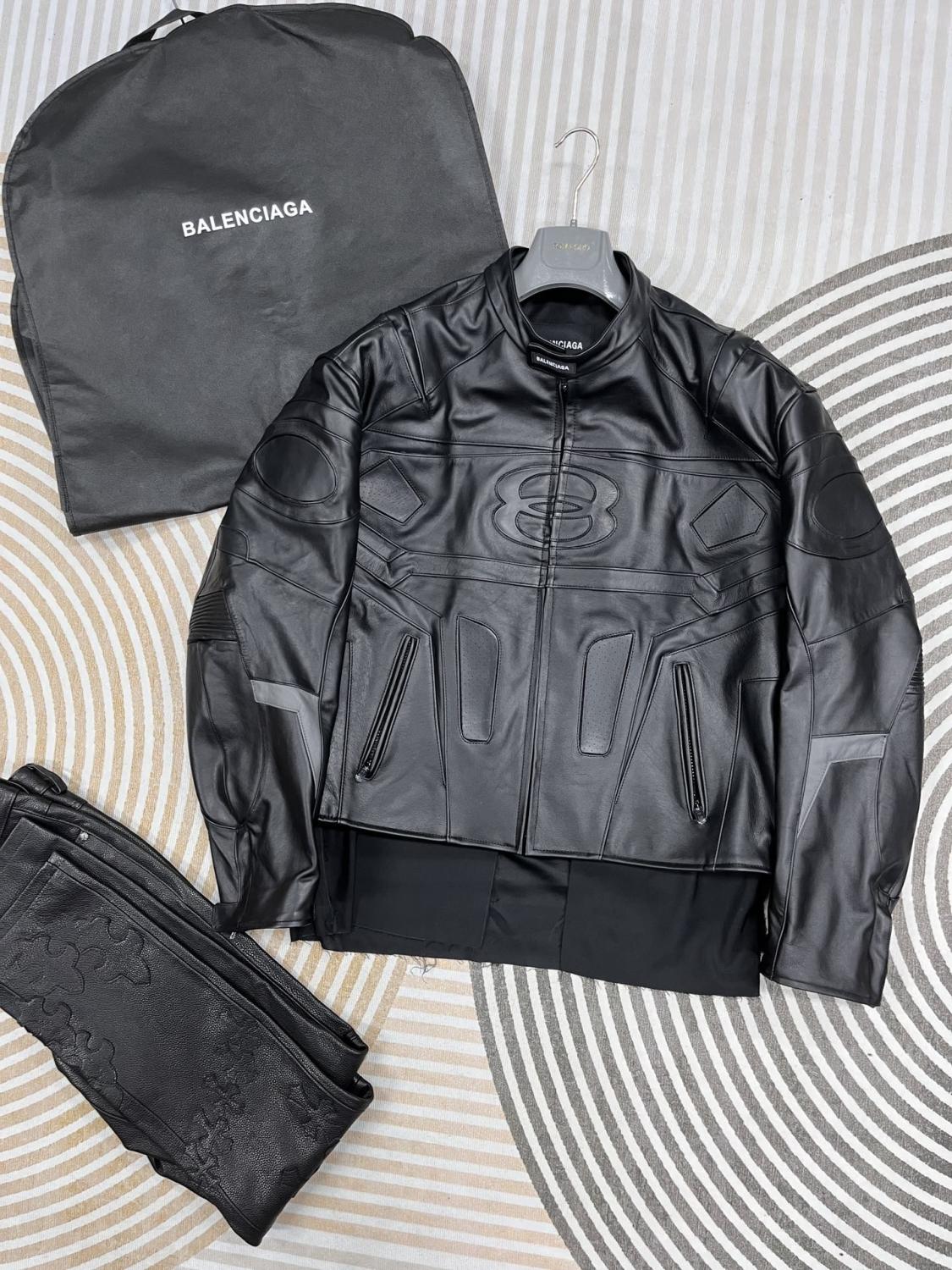 Balenciaga Men's Fall And Winter Black Round Neck Zipper Closure Regular Fit Long Sleeve Leather Jacket #73673