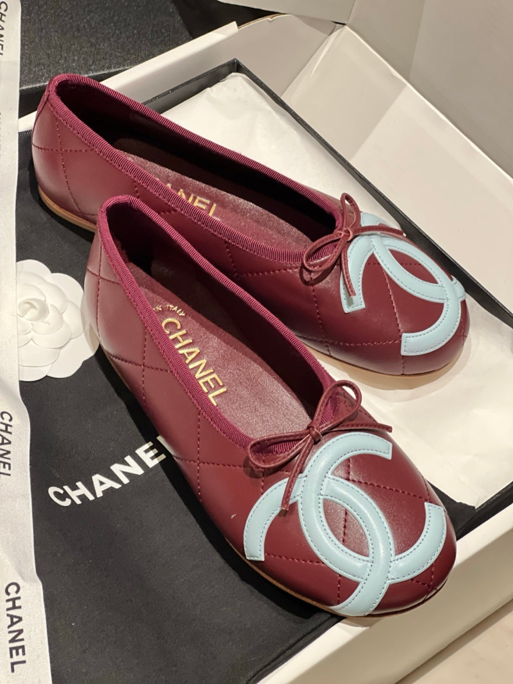 CHANEL Ballet Flats Lambskin Burgundy Light Blue #386254