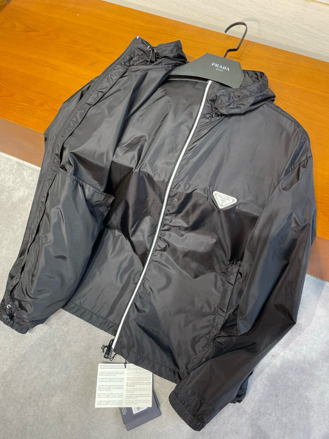Prada Men's Spring/fall Fashion Casual Solid Color Zipper Hooded Triangle Logo Nylon Drawstring Jacket #79139
