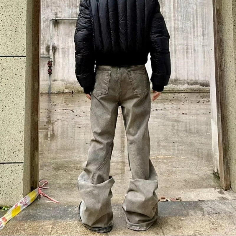 Rick Owens Men's Spring And Fall Do Old Desert Color Washed Flare Wide-leg Denim Pants Skinny Stacked Drag Ground Pleated Cat Whiskers Waste Soil Jeans Ngvp #2415