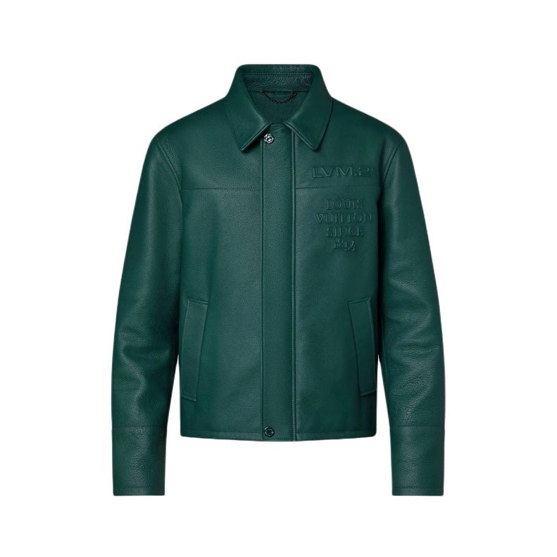 Louis Vuitton Men's Fall And Winter Green Retro Embossed Leather Long-sleeved Shirt Cowhide Jacket Fashion Trend Leisure Lapel Zipper Leather Jacket #81126