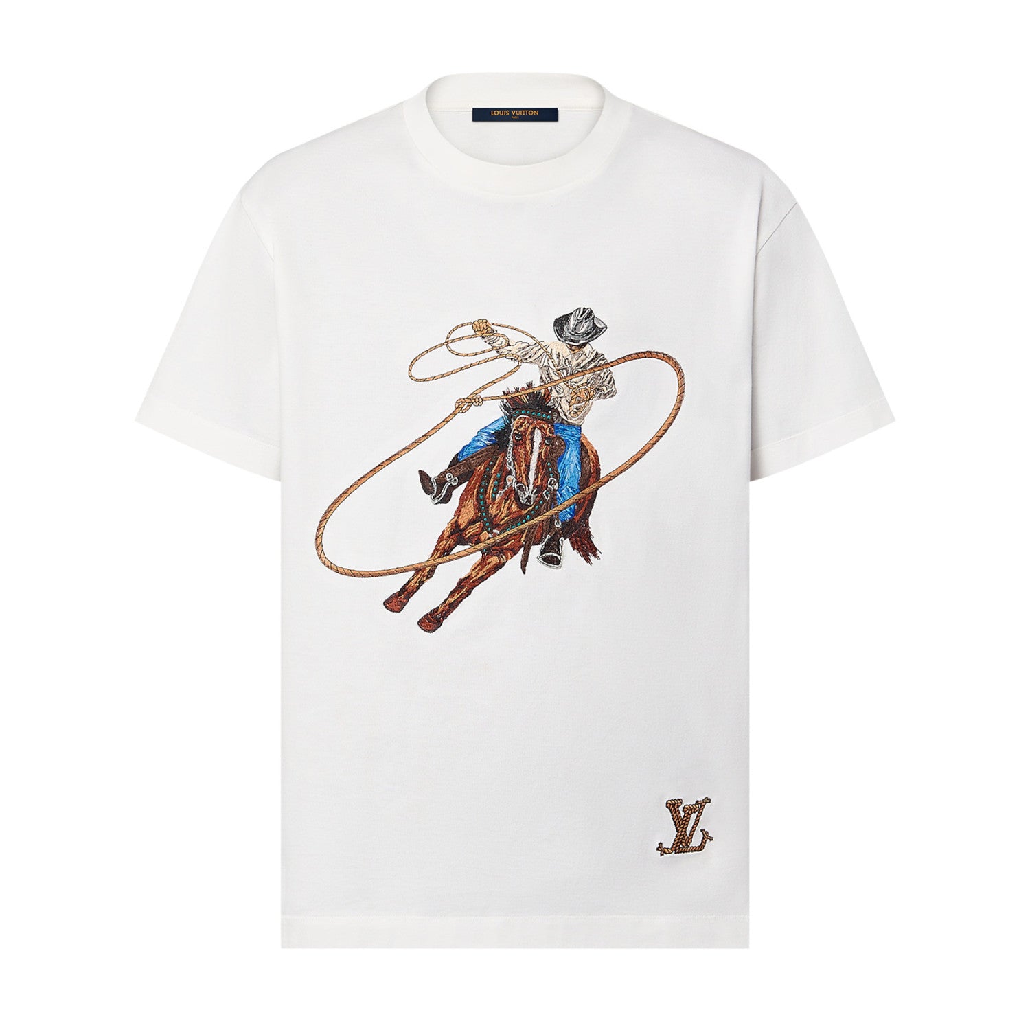 Louis Vuitton Men's Summer Cowboy Logo Pattern Print Embroidery Round Neck Cotton Short Sleeve T-Shirt #72461