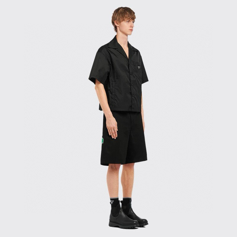 Prada Men's Summer Solid Color Nylon Fabric V-neck Single Button Short Sleeved Shirt And Casual Nylon Shorts Set Suit #77911