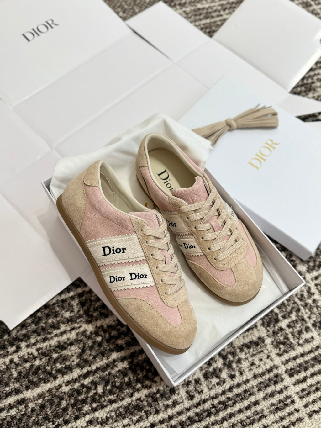 DIOR Dior Ribbon Sneaker Pink and Beige Suede Calfskin #381517
