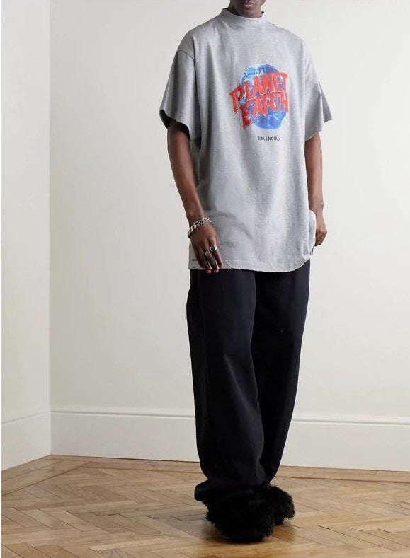 Balenciaga Men's Summer Logo Earth Print Round Neck Retro Do Old Loose Solid Color Cotton Short Sleeve T-Shirt #71642