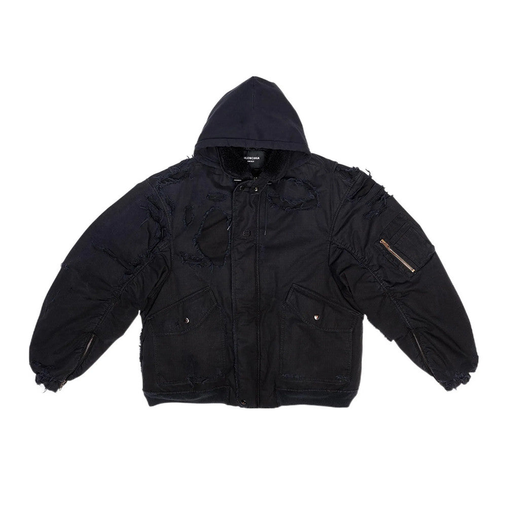 Balenciaga Men's Big Destruction Distressed Flight Suit Hooded Lamb collar zippered jacket #332593