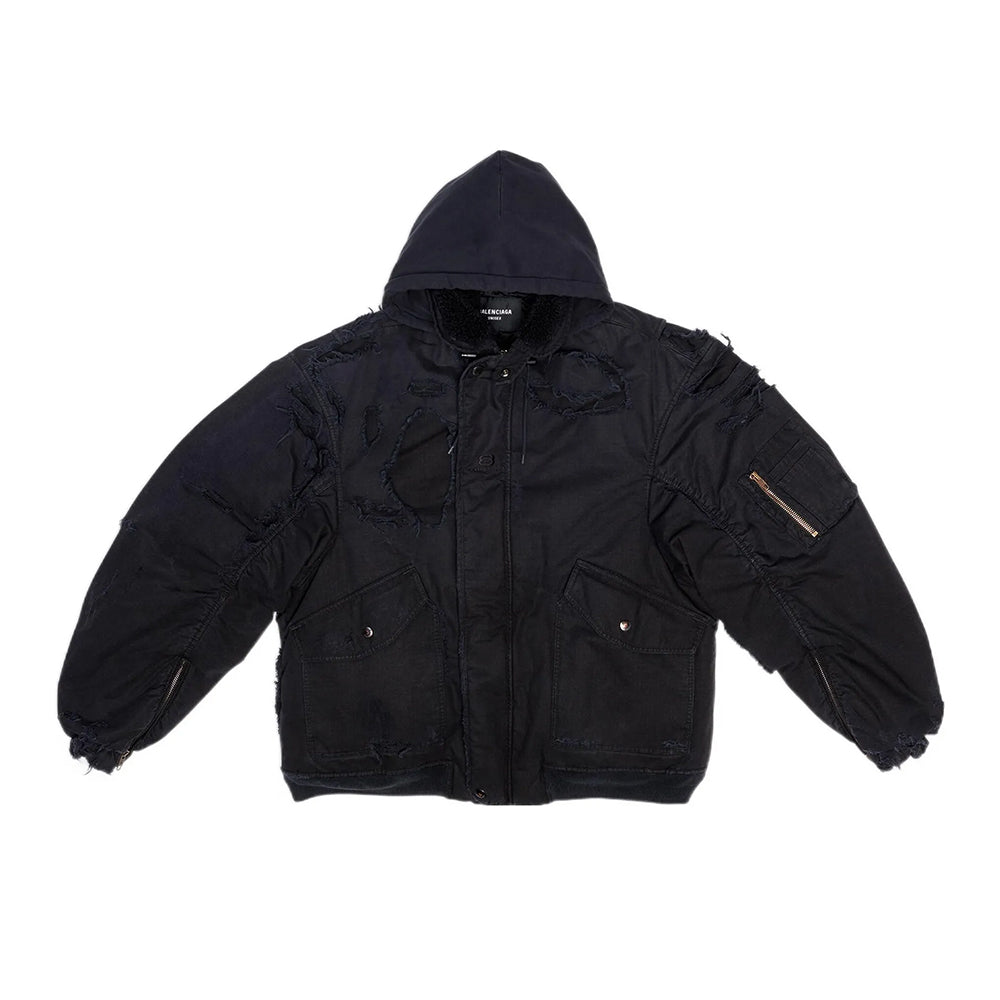 Balenciaga Men's Big Destruction Distressed Flight Suit Hooded Lamb collar zippered jacket #332593