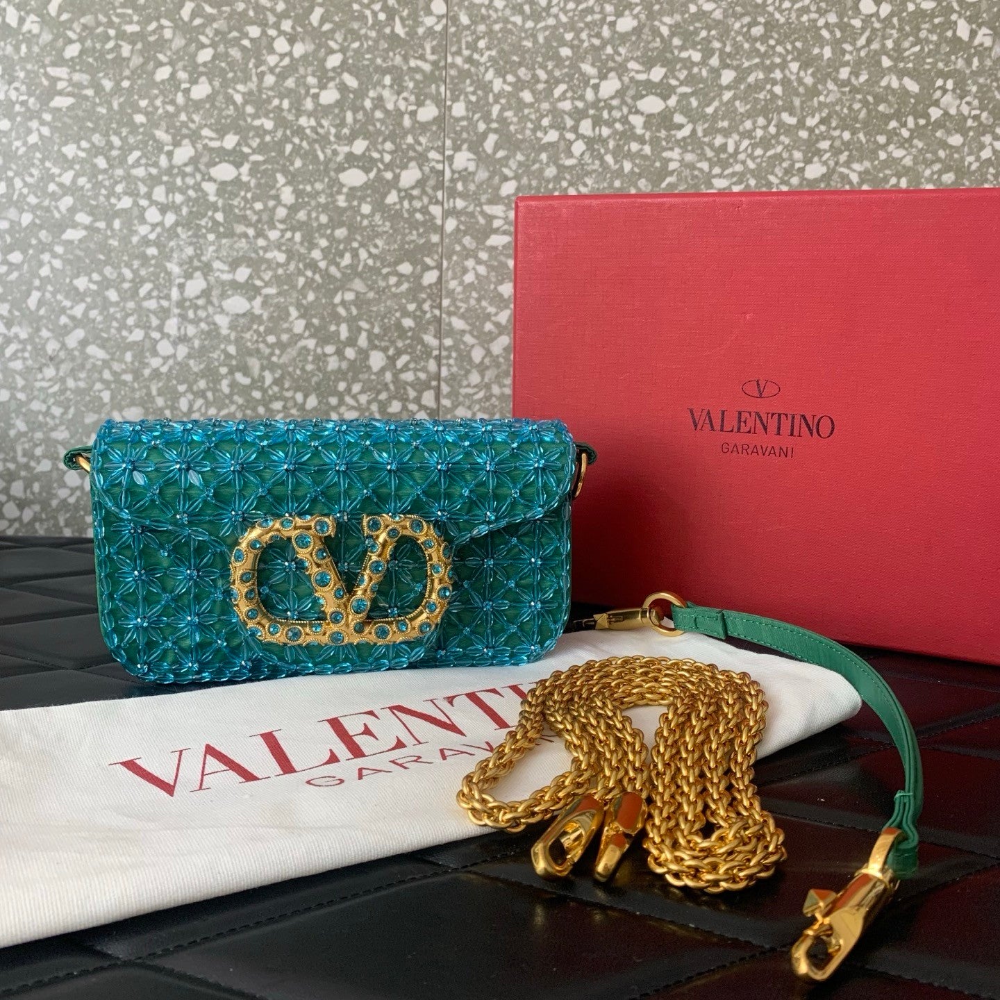 Valentino Imitation Crystal Decoration V Logo Signature Handbag #333601
