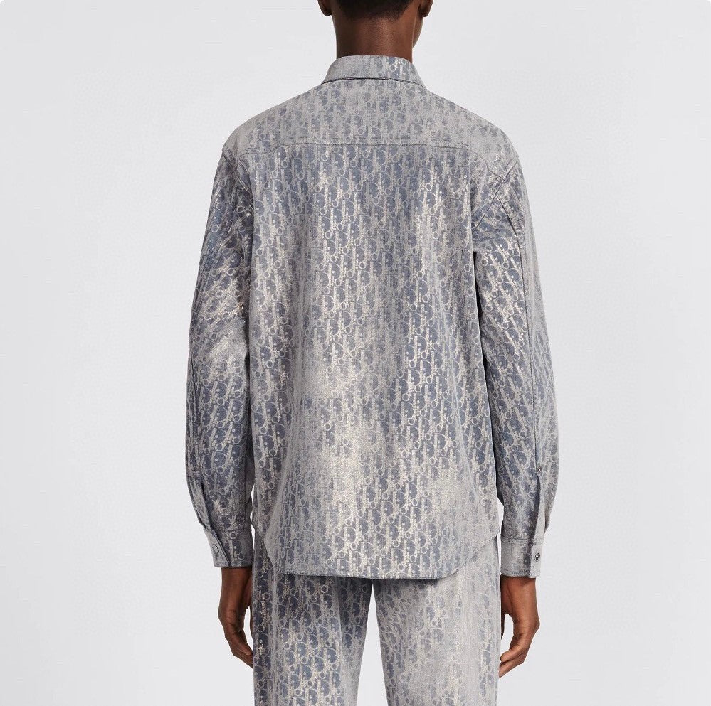 Dior Men's Autumn And Winter Grey Logo Full Print Old Single-Breasted Long-Sleeved Shirt #72813