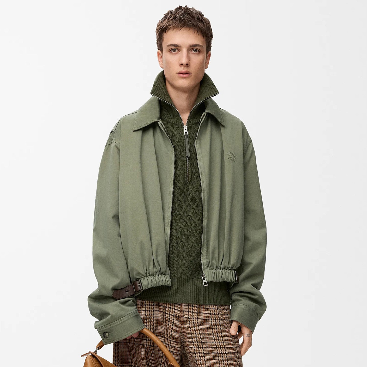 Loewe Men's And Women's Spring/fall Fashion Casual Solid-color Lapel Zipper Cotton Satin Fabric Waist Tapered Jacket  Elastic Waist Straight Leg Pants Suit Set #79174