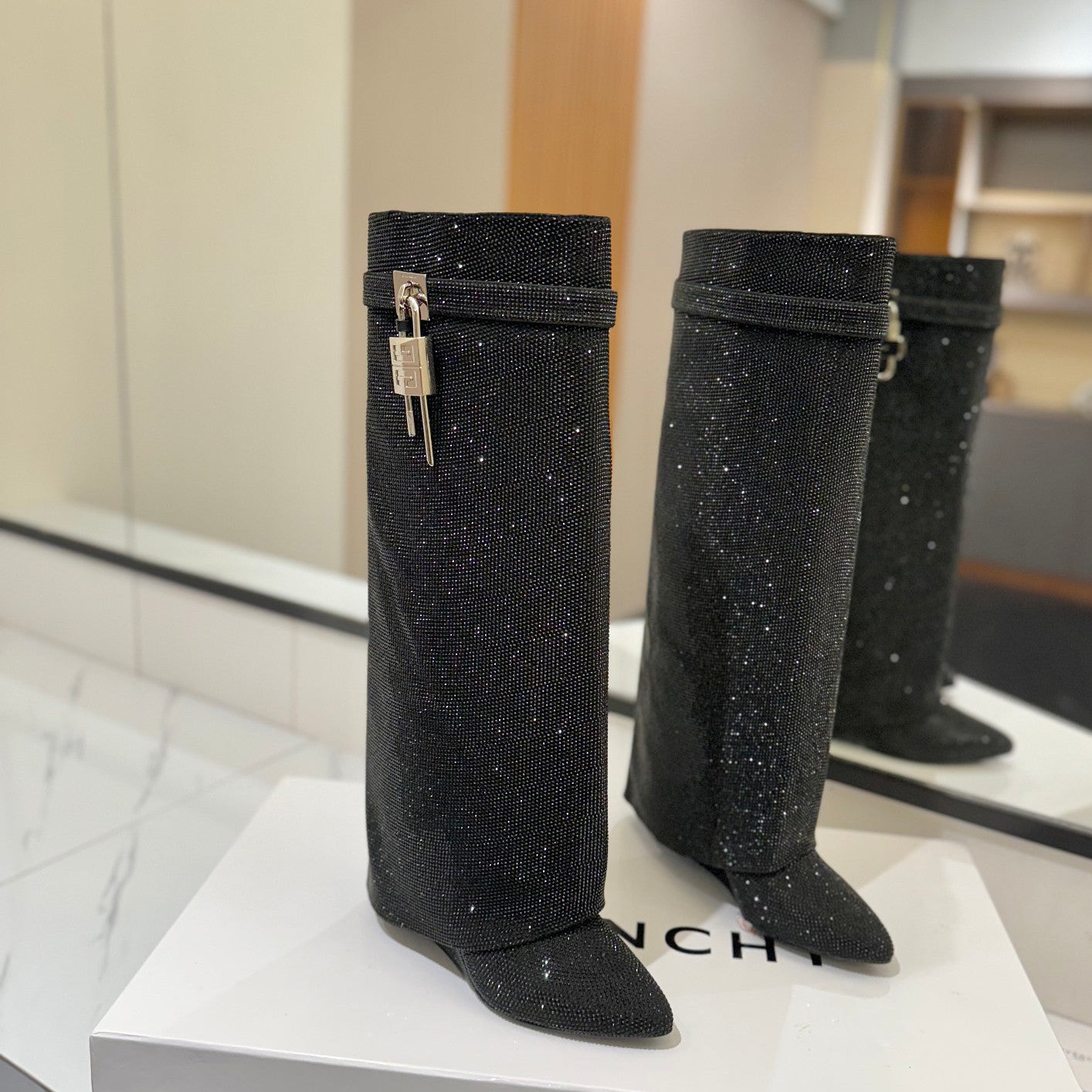 Givenchy Women's Fall/winter Fashion Classic Pointed Toe Cuffed Ankle Boots With Small Diamonds High Heel Long Boots Shoes #79255