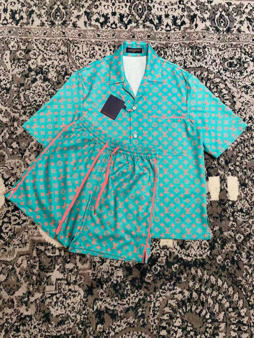 Louis Vuitton Men's Summer Solid Color Letter Print V-Neck Single Button Short Sleeve Shirt and Casual Drawstring Shorts Set Suit #77244
