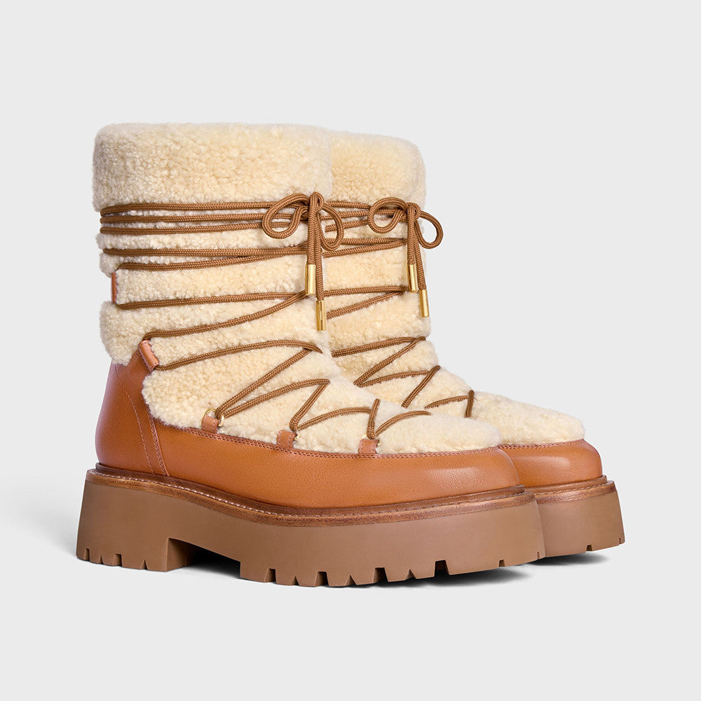 Celine Bulky Lace Up Boot in Shearling and Calfskin #292286
