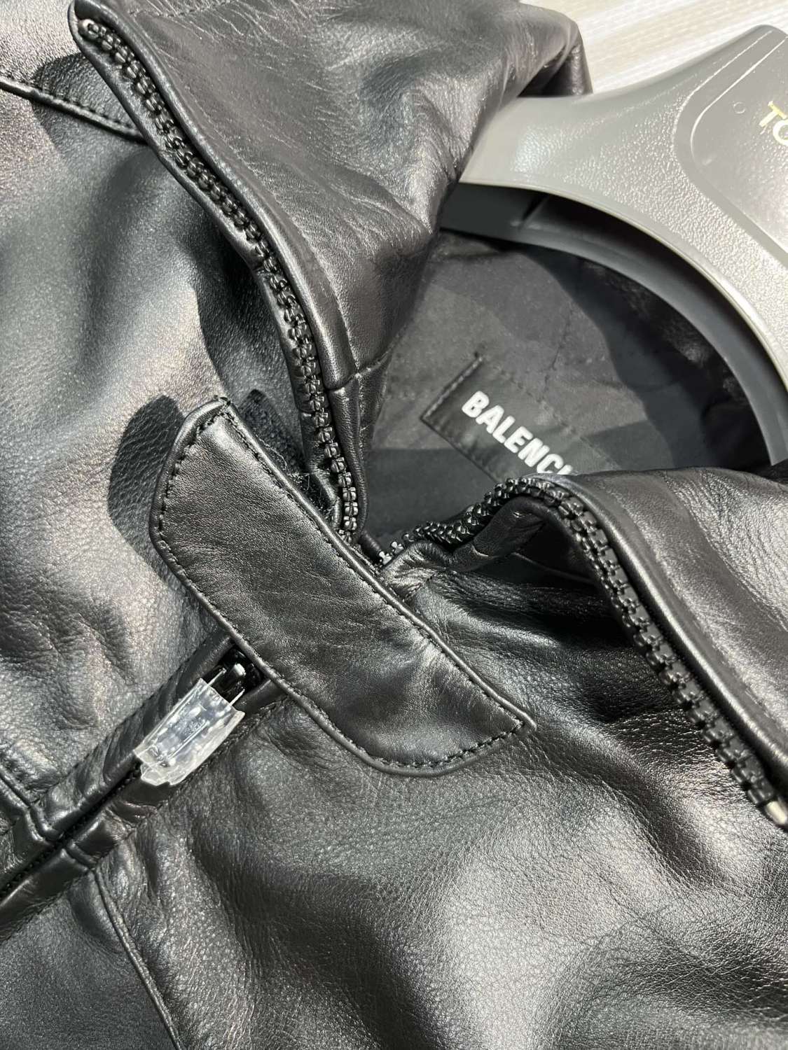 Balenciaga Men's Spring And Fall Monogrammed Black Zipper Long Sleeve Leather Biker Jacket Leather Pants Suit Set #73678