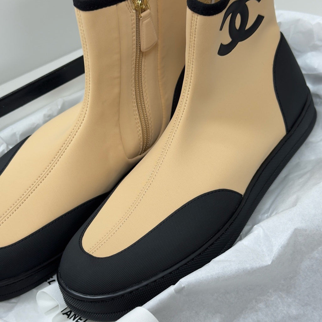 CHANEL Short Boots Mixed Fibers Rubber Beige Black #387573