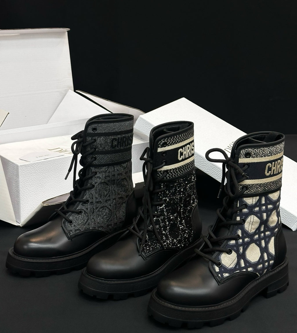 Dior Women's Autumn/Winter Fashion Casual Round Toe Lace Up Leather Light Sole Embroidered Lace Up Martin Boots Shoes #78289