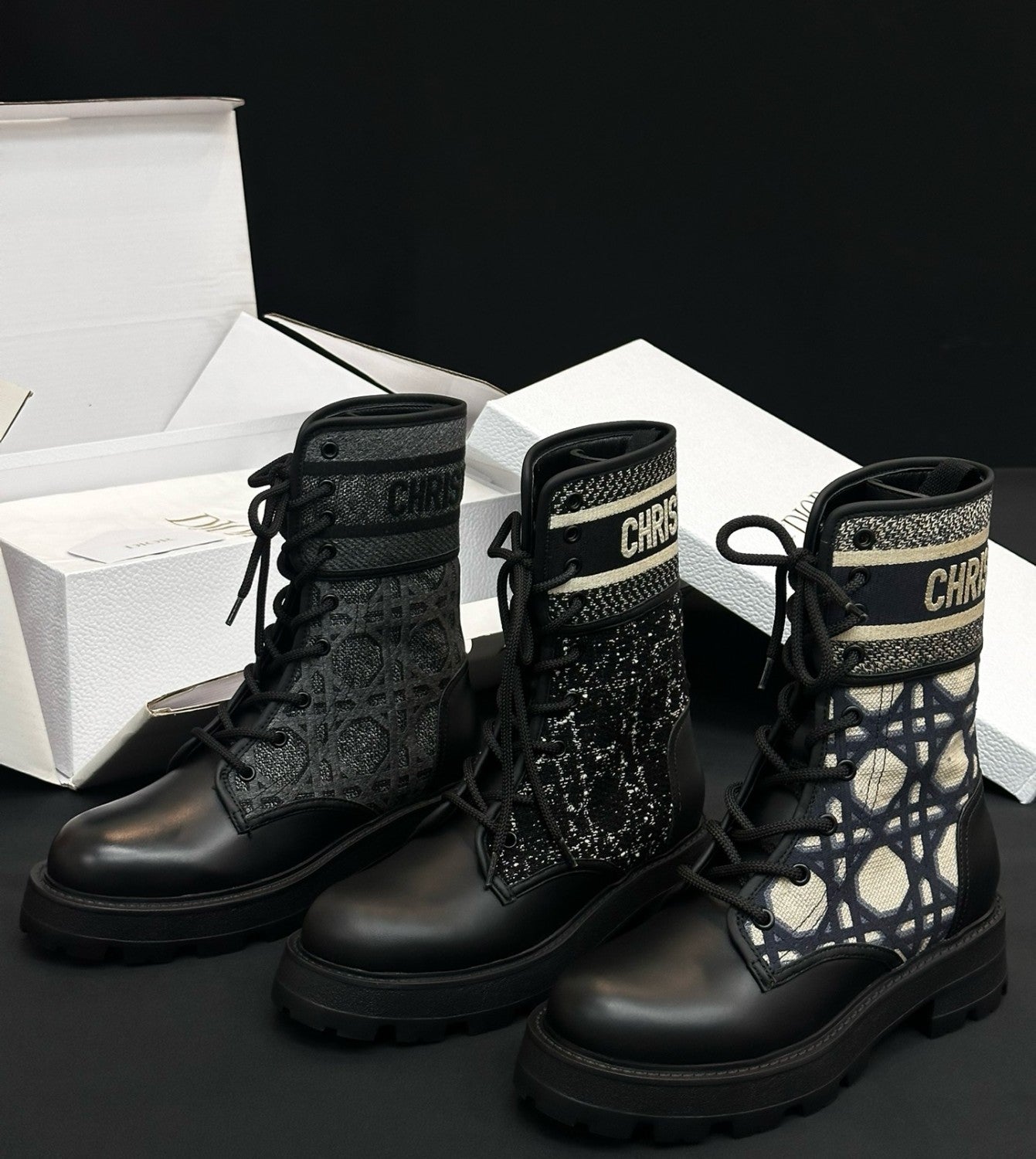 Dior Women's Autumn/Winter Fashion Casual Round Toe Lace Up Leather Light Sole Embroidered Lace Up Martin Boots Shoes #78289