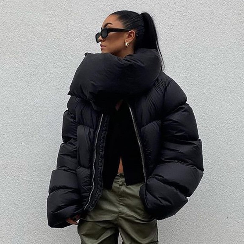Rick Owens Men's Women's Fall And Winter Dark Windproof Scarf Down Jacket Thickened Warm Short Ultra-long-sleeved Zipper Down Jacket Ngvp #2494