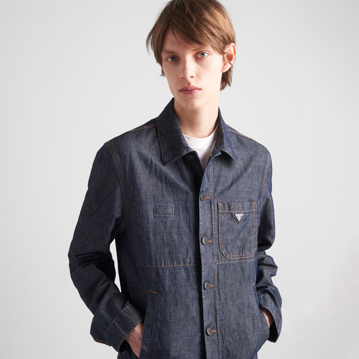Prada Men's Spring Autumn Triangle Label Logo Solid Colour Single Breasted Long Sleeve Denim Jacket #76865