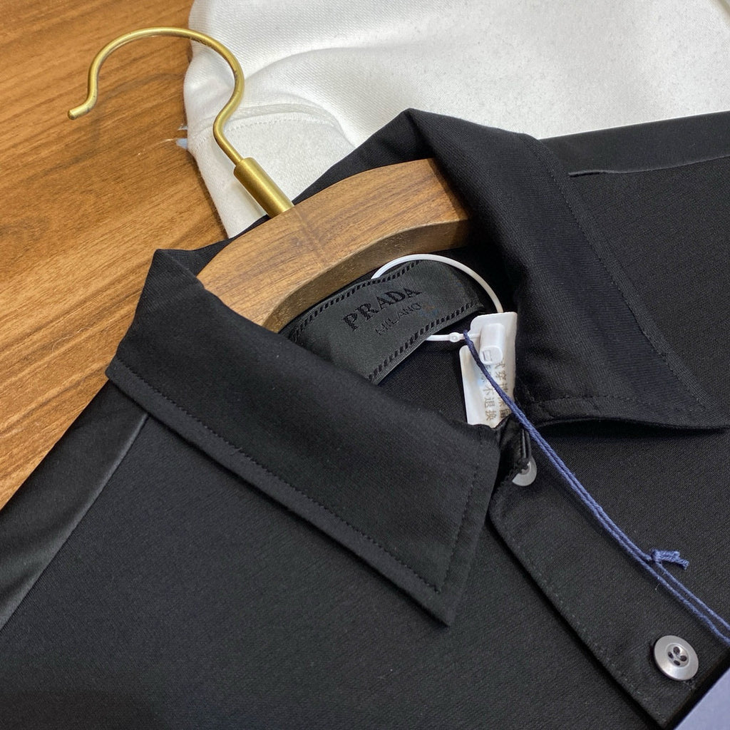 Prada Men's Summer Black Triangle Label Pocket Polo Neck Cotton Short Sleeve T-Shirt #74815