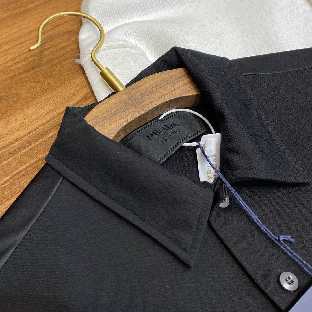 Prada Men's Summer Black Triangle Label Pocket Polo Neck Cotton Short Sleeve T-Shirt #74815