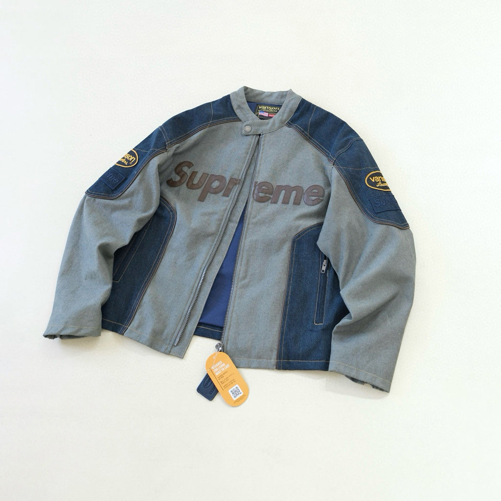 Supreme x Vanson Leathers x Cordura Men's And Women's Spring/Fall Fashion Casual High Neck Leather Logo Zipper Patchwork American Style Jacket #78582