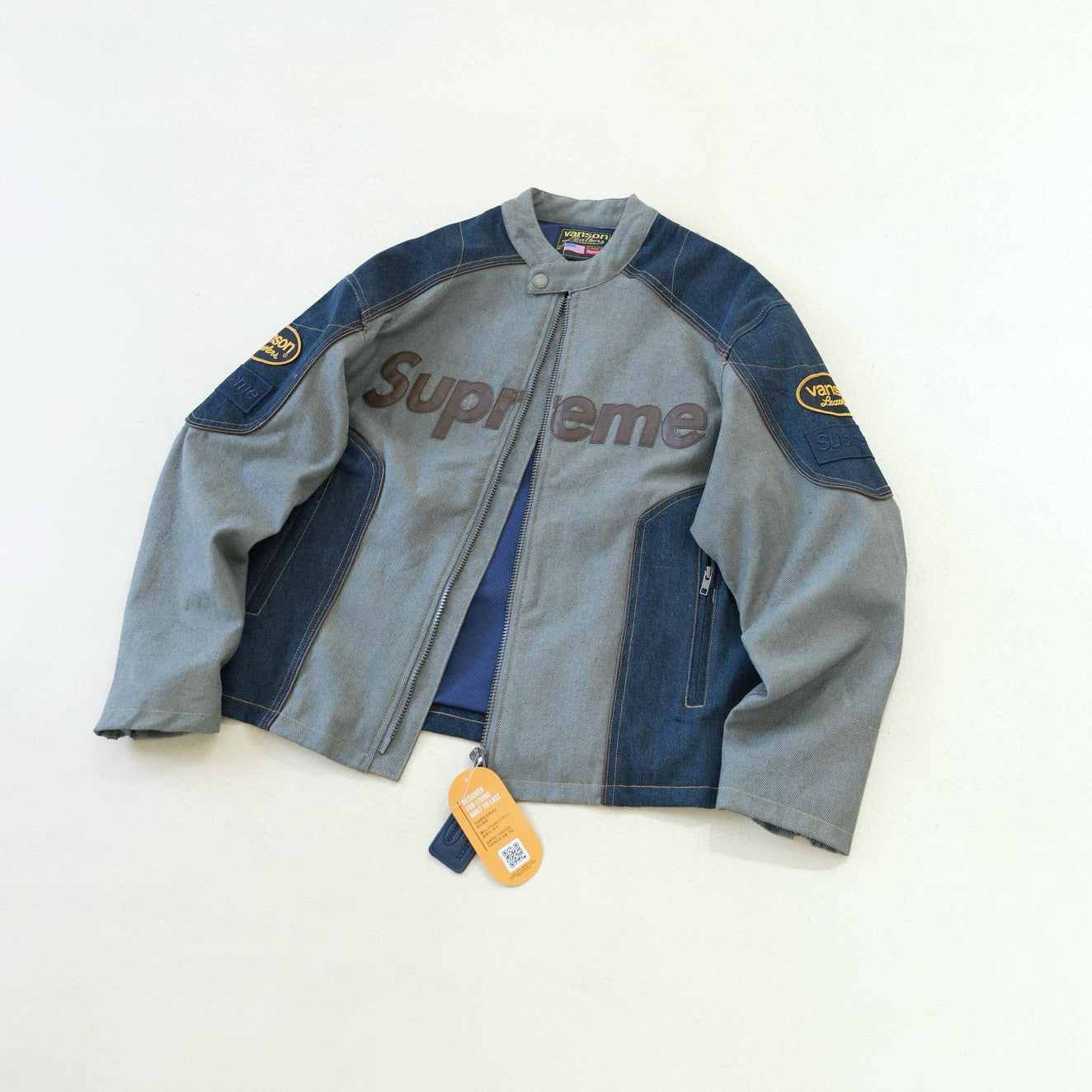 Supreme x Vanson Leathers x Cordura Men's And Women's Spring/Fall Fashion Casual High Neck Leather Logo Zipper Patchwork American Style Jacket #78582