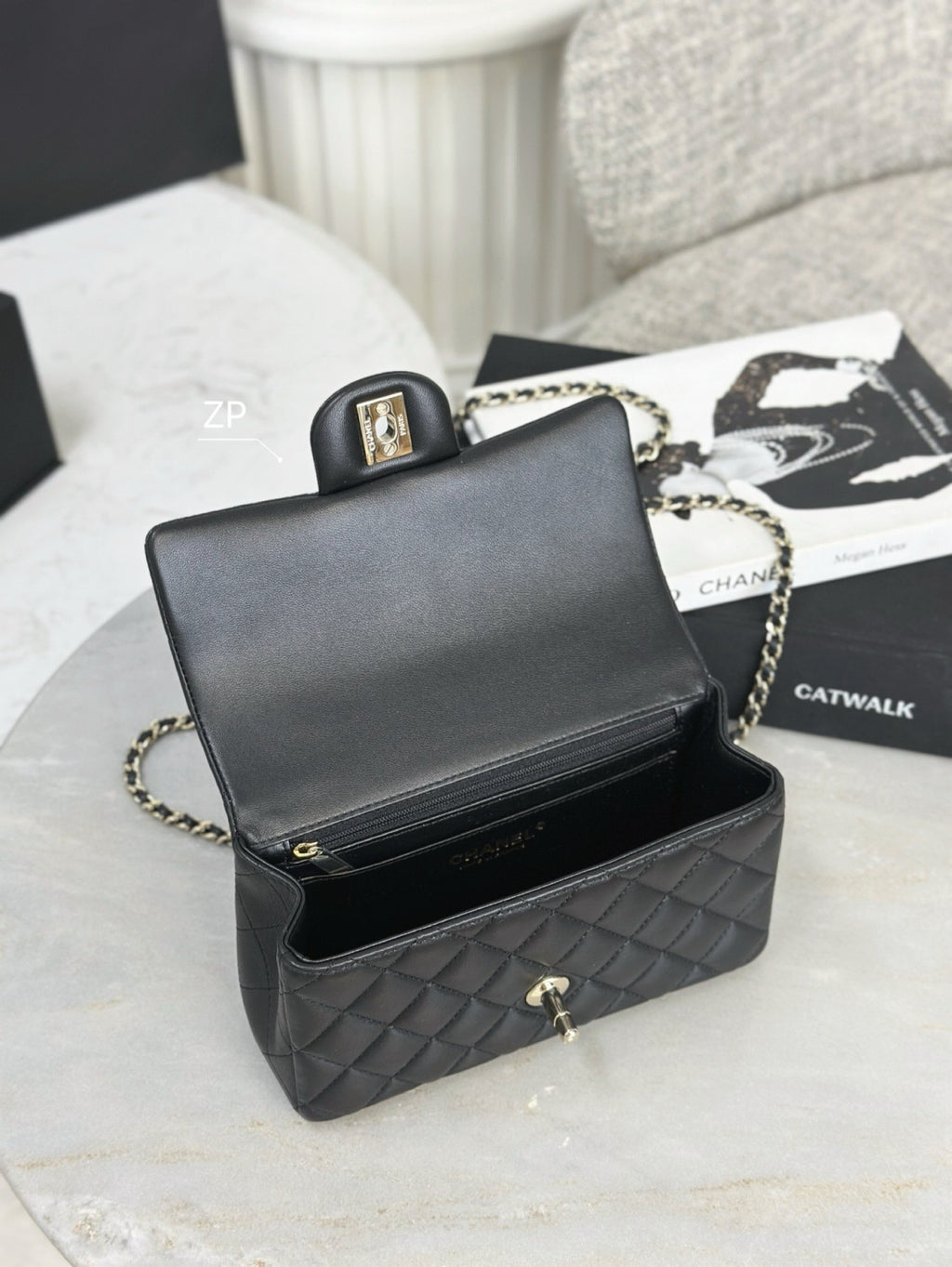 Chanel Mini Classic Handbag With Top Handle Lambskin Diamanté & Gold Metal Black #381896
