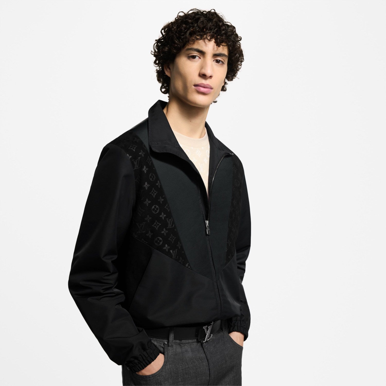 Louis Vuitton Men's Spring/summer Casual Fashion Solid Color Logo Embossed Zipper Cuff Elastic Mixed Leather Sports Jacket #78366