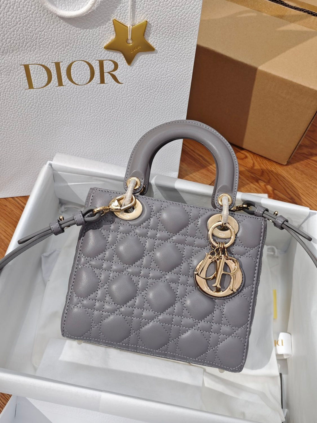 Dior Small Lady Dior My Abcdior Handbag In Glacier Blue Lambskin With Quiltoir Pattern. Four Square Compartments Black Satin Leather Featuring A Black Lacquered Clasp—princess Diana-style Crossbody Bag Bags M0538ONGE #197196
