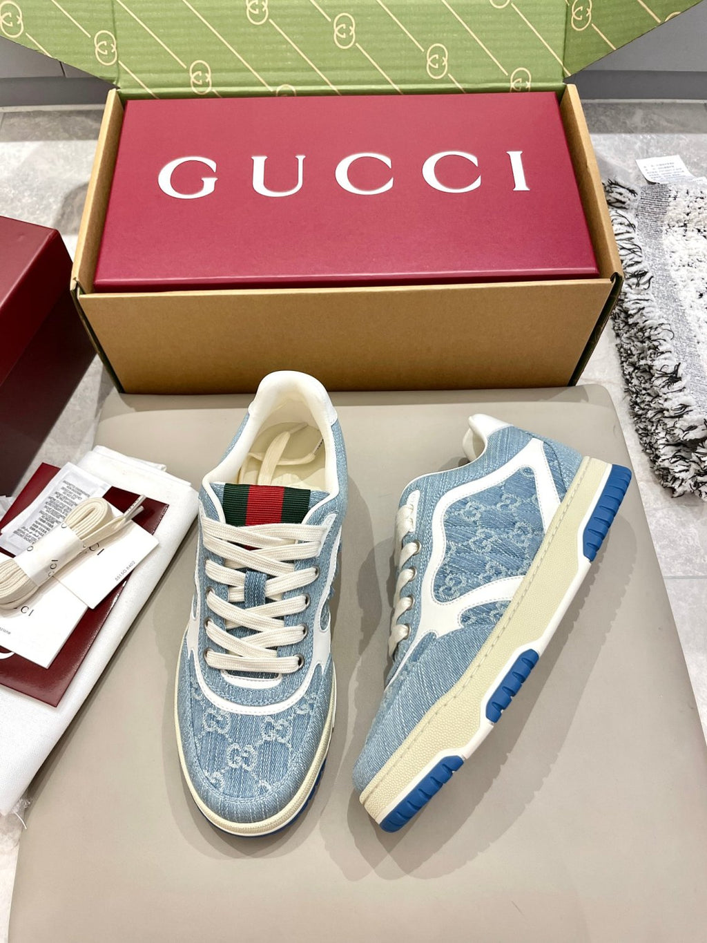 Gucci Re-Web Men's and Women's Alphabet Print Colorblock Leather Low Top Lace Up Casual Sneakers Shoes #77687