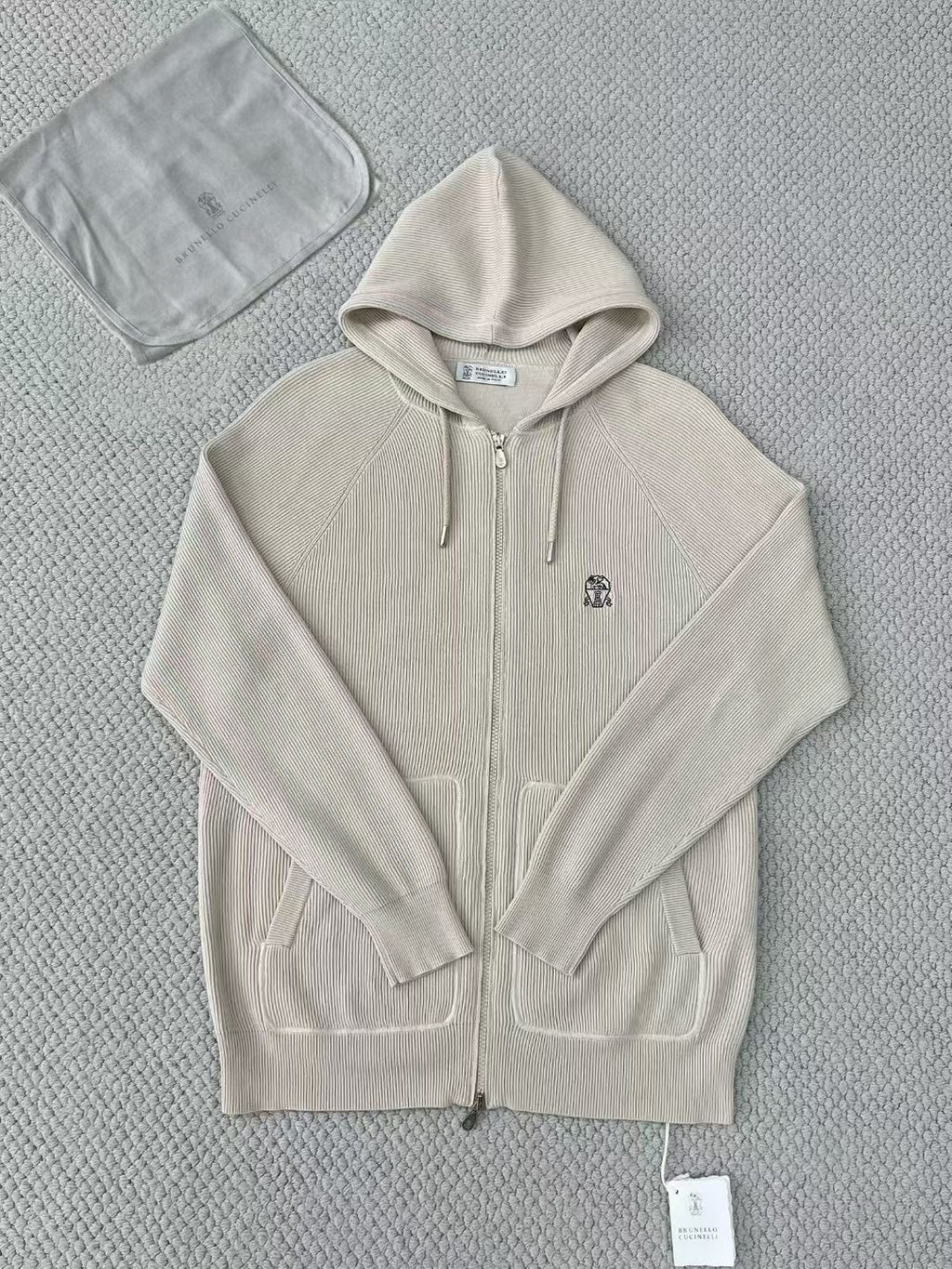 Brunello Cucinelli Men's Spring/autumn Fashion Casual Solid Color Logo Zipper Hoodie Ribbed Cotton Knit Pants Zipper Cuffs Suit Set #78353