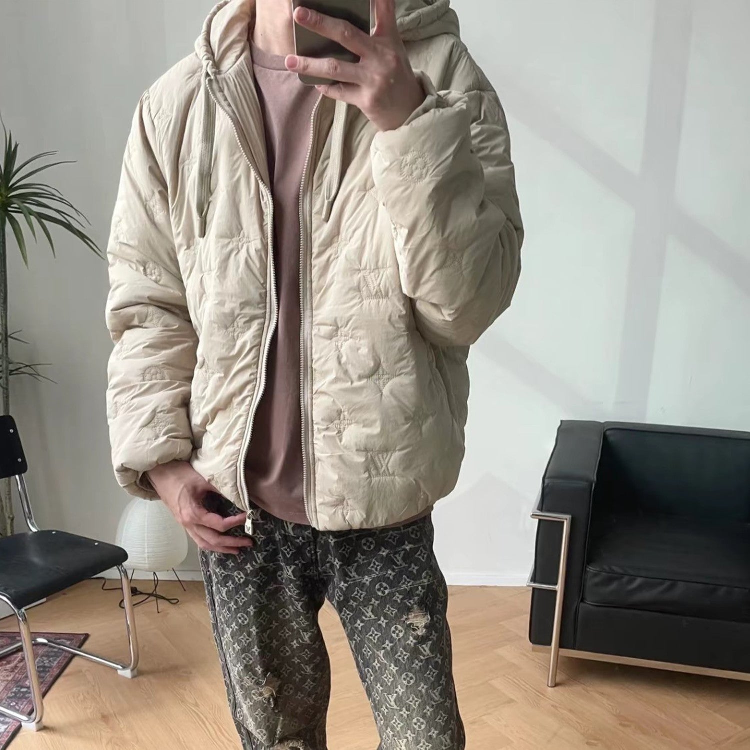 Louis Vuitton MONOGRAM Quilted Hooded Belted Jacket Women's And Men's Autumn and Winter Embroidered Letter Printed Solid Color Hooded Zipper Long Sleeve Cotton Jacket #76429
