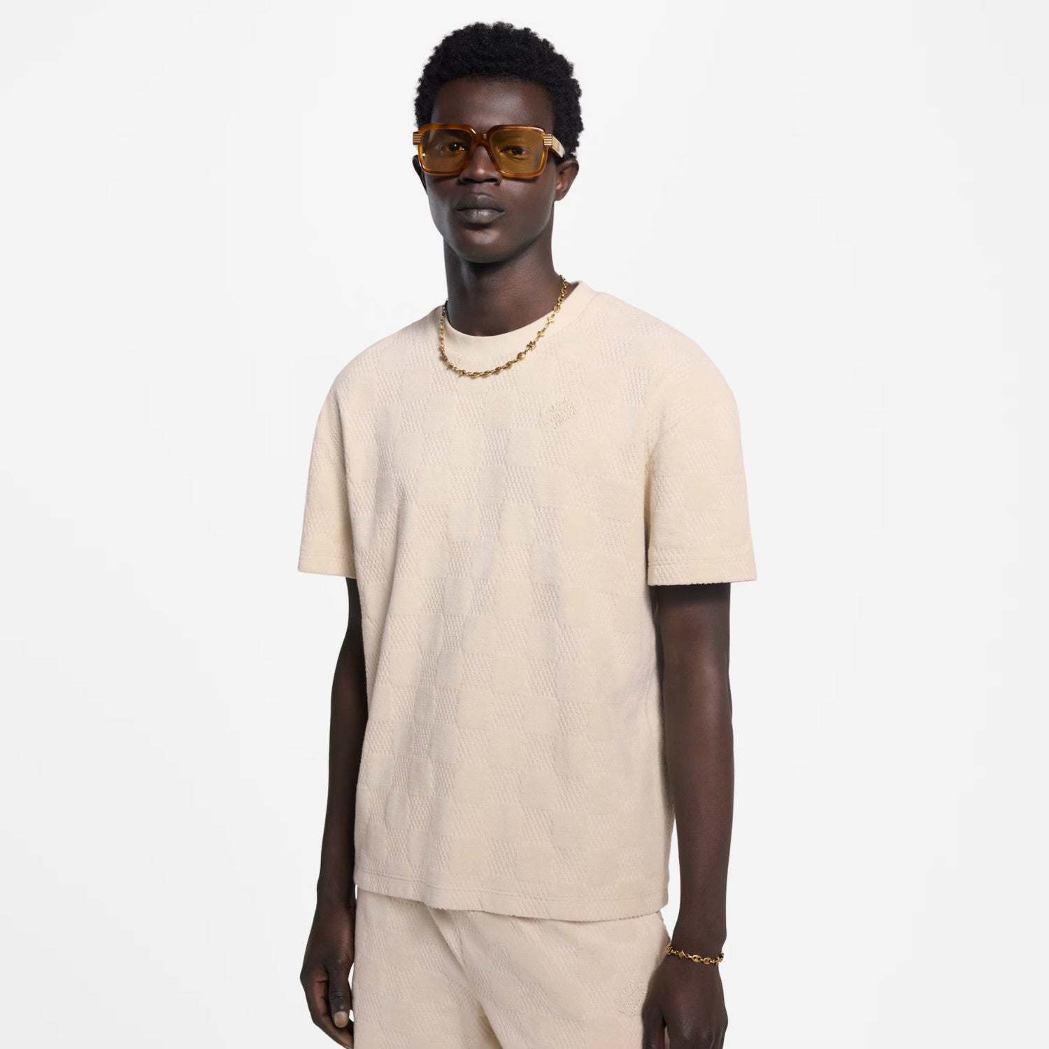 Louis Vuitton Men's Summer Solid Color Checkered Print Terry Fabric Crew Neck Short Sleeve T-Shirt #77881